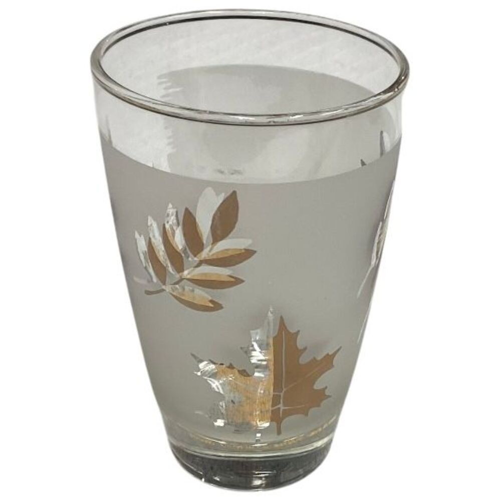 Vintage Frosted Glass Tumbler with Gold & Silver Leaf Pattern Fall Autumn MCM - Picture 1 of 9
